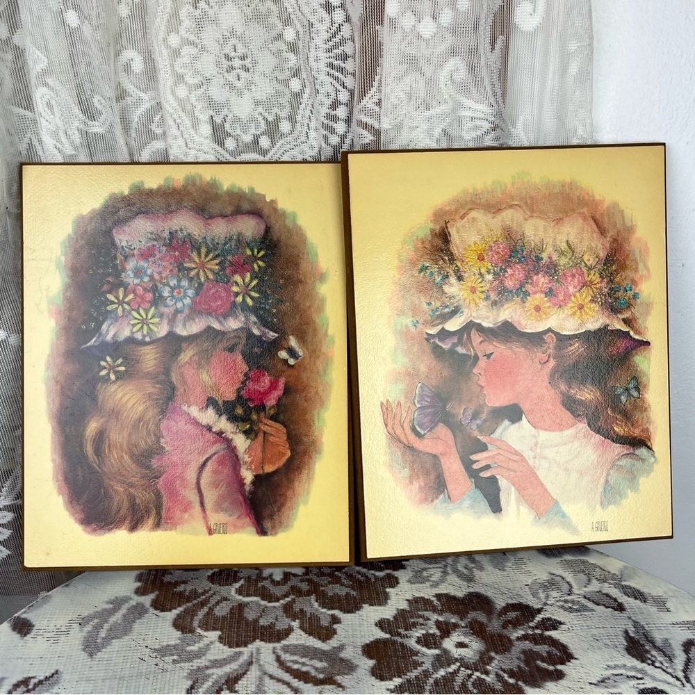 Vintage 70s A. Gruerio Board Print Set Pair Girls Butterfly Flower Floral Child